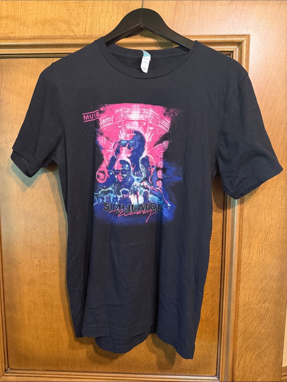 Muse 2019 North Amer. Tour Black Graphic Tee with Neon Pink & Blue Retro Print